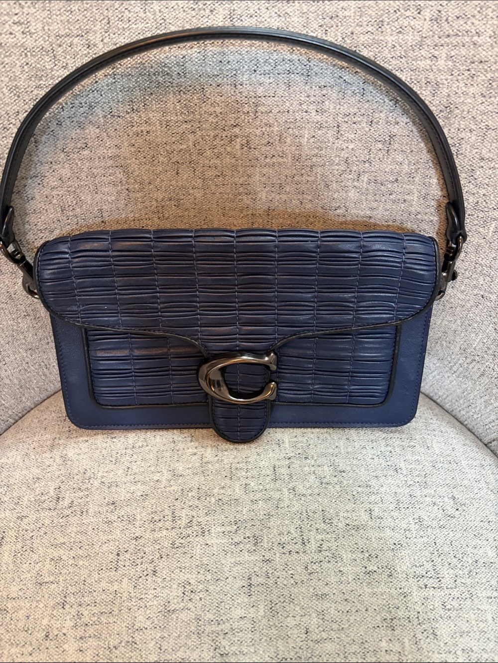 Navy Textured Leather Shoulder Bag with 'C' Hardware